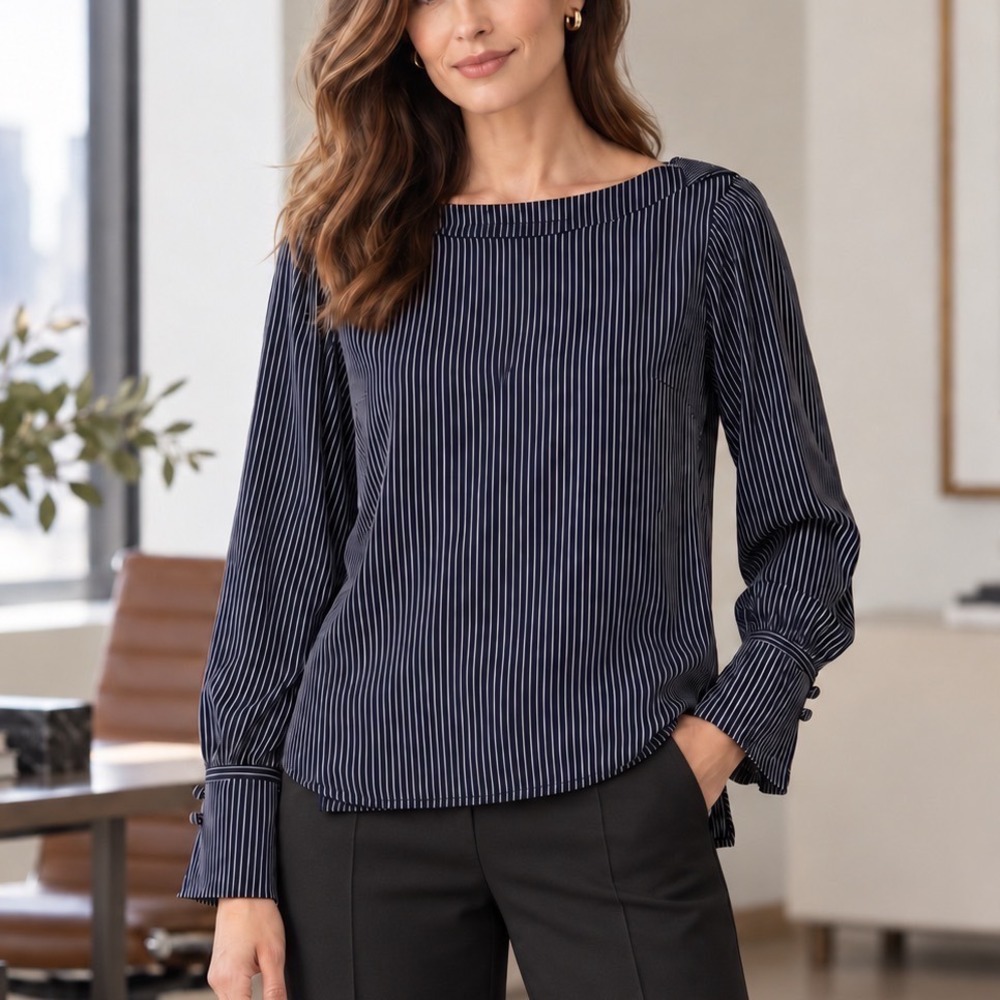 M.M.LaFleur Rampling Top Women M Navy Pinstripe Boatneck Button Cuff Blouse